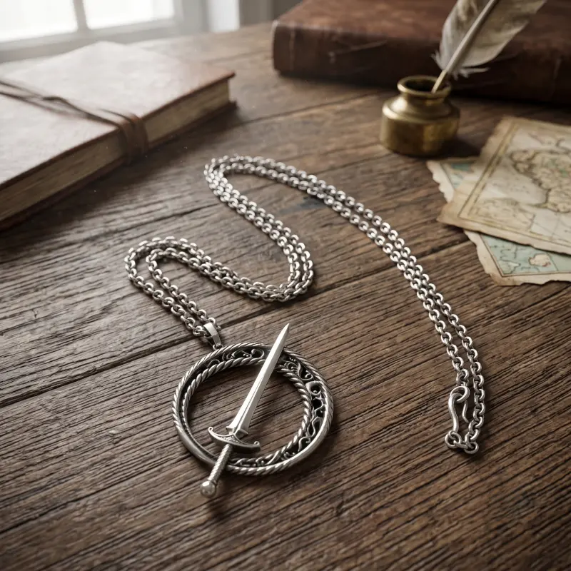 Antique Silver Sword & Engraved Circle Pendant Necklace Medieval Fantasy Knight Dagger Metal Chain Necklace Vintage Gothic Warrior Statement Jewelry for Men