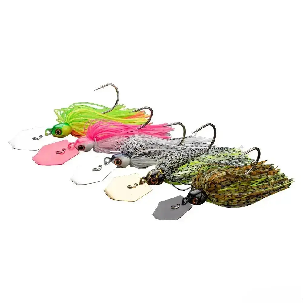 5Pcs Silicone Skirted Jig Head Fishing Lures Kit, 3D Simulation Eyes Sharp Hook Chatter Baits, Artificial Spinner Jig Tackle, Durable Fishing Gear for Freshwater Saltwater Bass Trout Angling