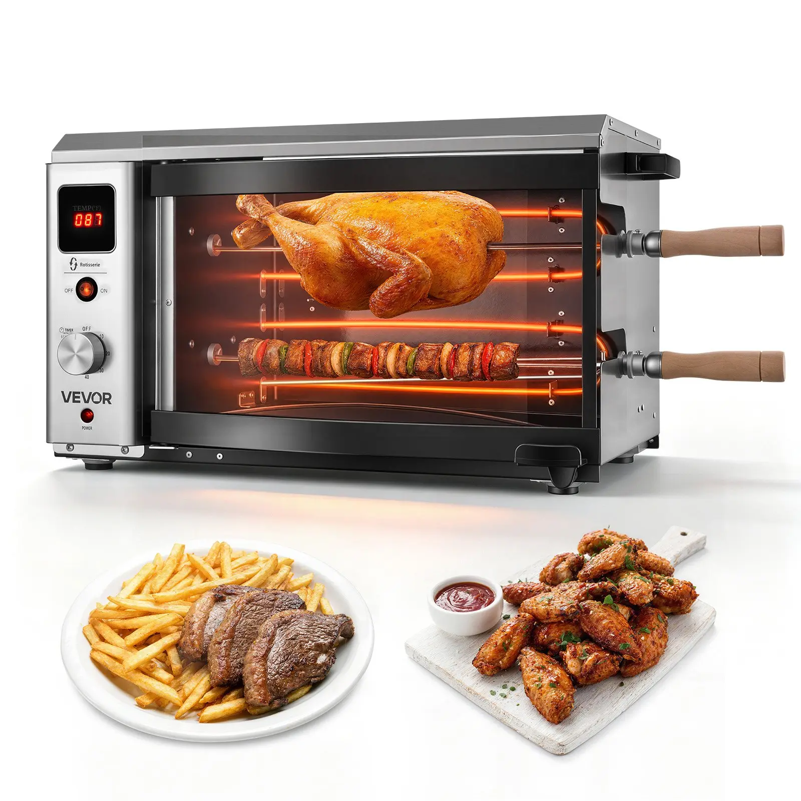VEVOR Countertop Vertical Rotisserie Shawarma Machine - 1800W Power Meat Roasting Electric Kebab Grill with 2 Auto-Rotating Skewers Set, Curved Glass Door, Drip Tray for Steak, Fish