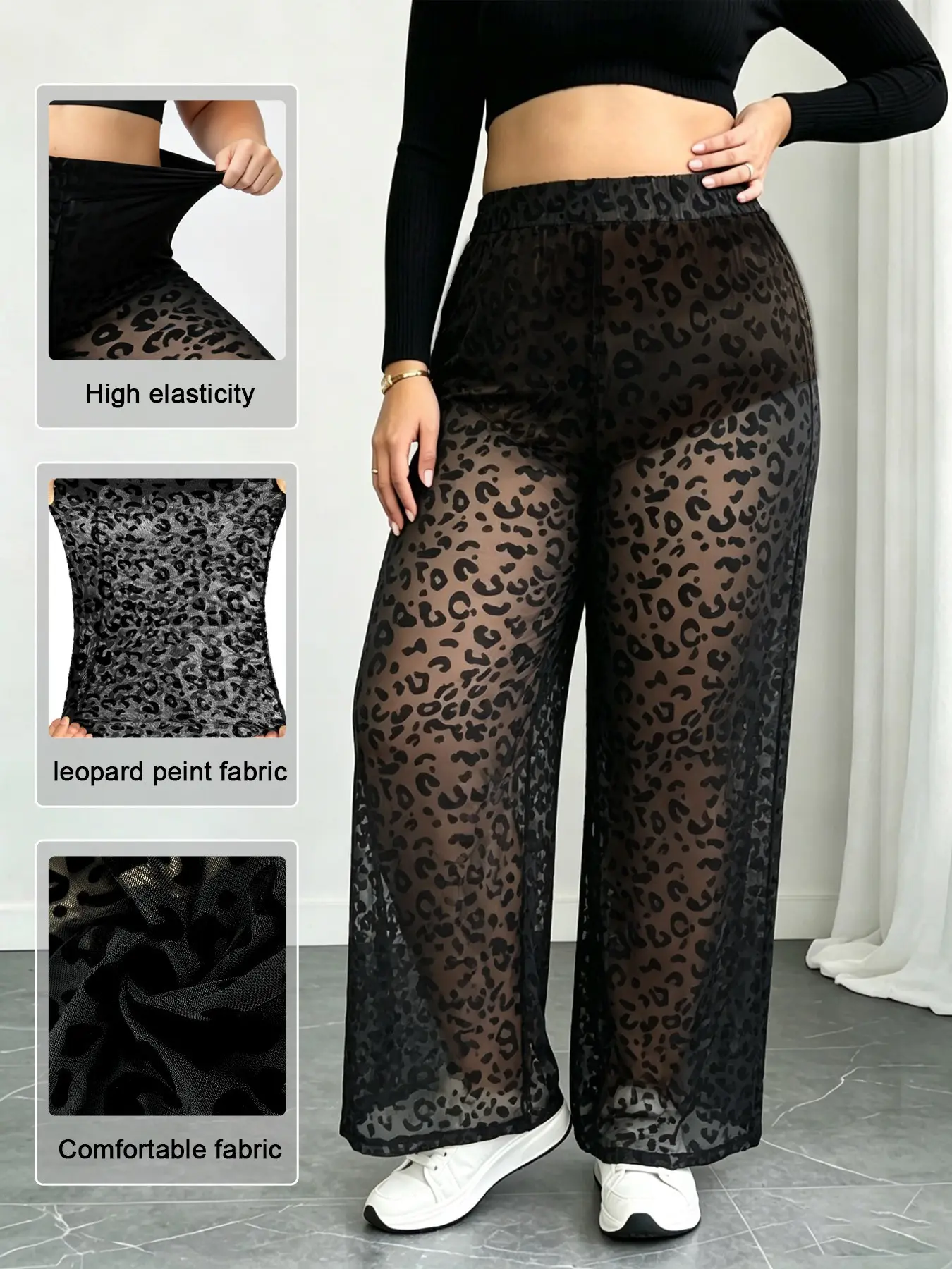 Plus Size Leopard Print Mesh Wide Leg Pants, Elastic High Waist Sheer Mesh Trousers for Women