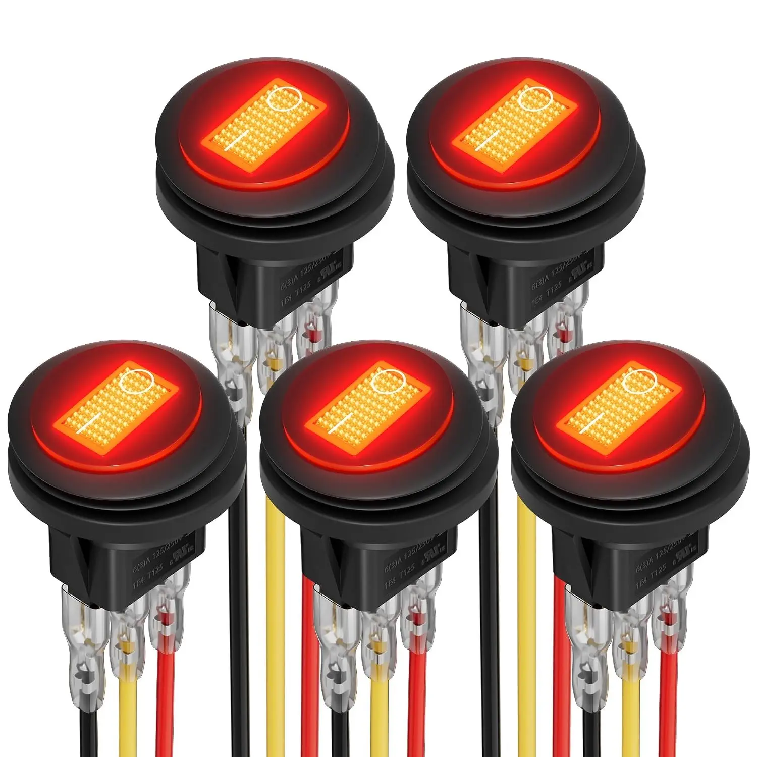 Waterproof Marine Round Rocker Switch 12V 20A Red LED Lighted ON/Off Toggle Switch 3 Pin SPST UL Listed for Car Truck RV Boat - 5pcs