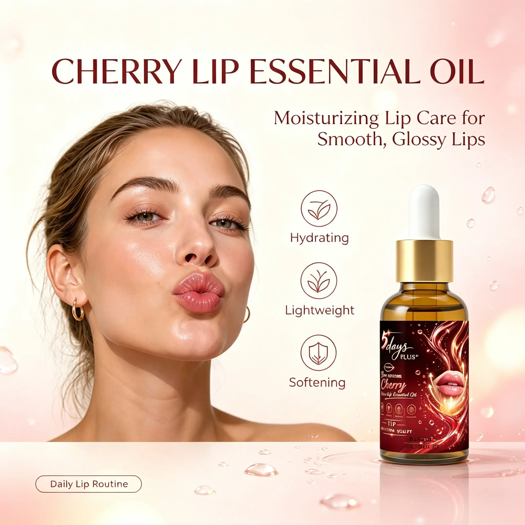 Plus+ Bee Venom Cherry Lip Oil, Firm & Sculpt Lips, Plumping Essential Oil, Defined Shape, 30ml