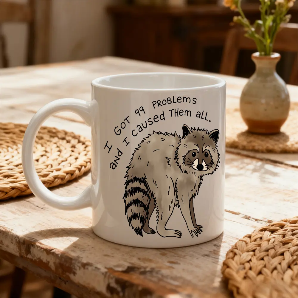 11Oz White Mug, Funny Animal Illustration Style, I Got 99 Problems Raccoon Quote Design, Daily Coffee Tea Drinking Use, Gift For Raccon Lovers And Humor Fans