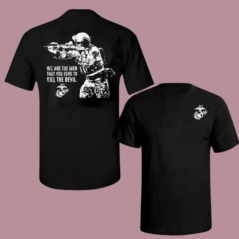 Men's Graphic Tactical Short-Sleeve T-Shirt - Military-Inspired, Bold Soldier with Rifle Graphic, 2-Sided "Kill the Devil" Quote, Soft Cotton Blend, Round Neck, Unisex Fit, Casual Streetwear Top, Cold Wash Only, Do Not Dry Clean, t0512, G, Graphic Tactica