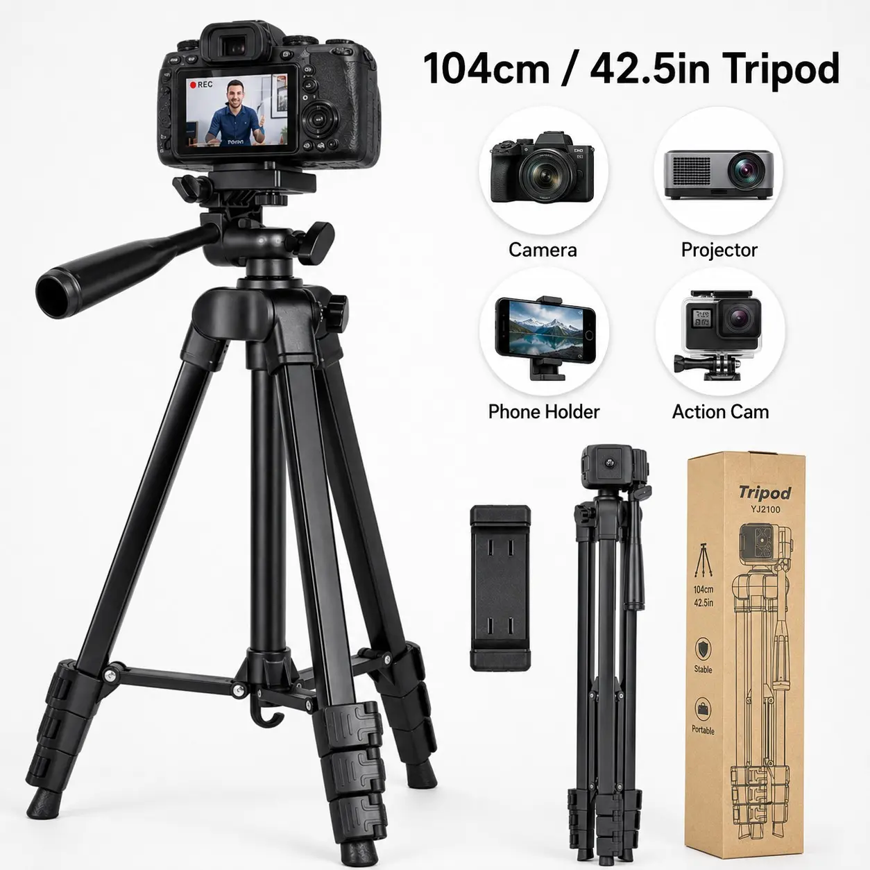 Aluminum Camera Tripod Stand with Phone Mount and Carry Bag, Portable Tripod for Photography, Vlog, Live Streaming, Lightweight Design