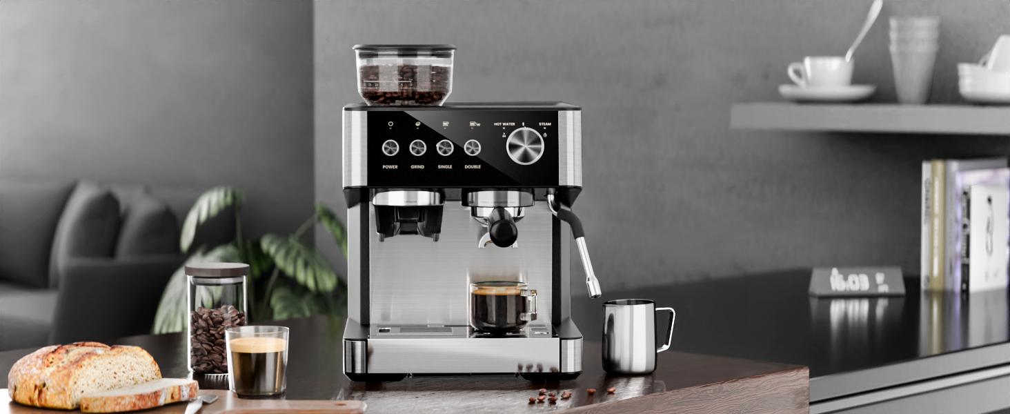 Kismile Espresso Machines with Grinder,20 Bar Professional Espresso Maker with Removable Water Tank,Milk Frother Steam Wand for Latte&Cappuccino,Ideal for Home/Office Coffee Equipment