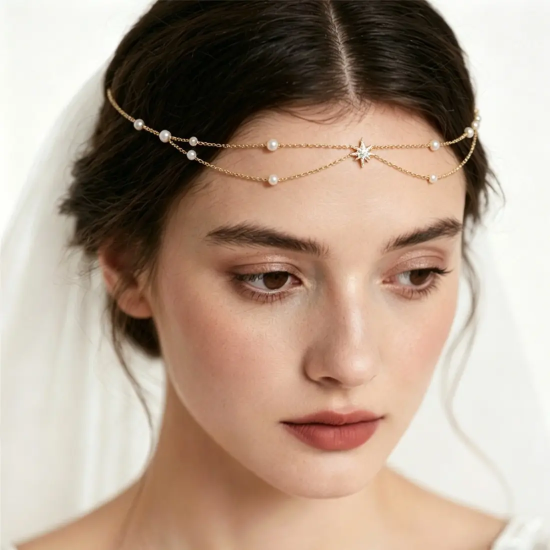 Star Pearl Forehead Chain for Women, Double Layer Bridal Headpiece, Celestial Hair Jewelry, Elegant Wedding Hair Accessory, Boho Pearl Head Chain for Bride, Prom, Party, Festival & Formal Events