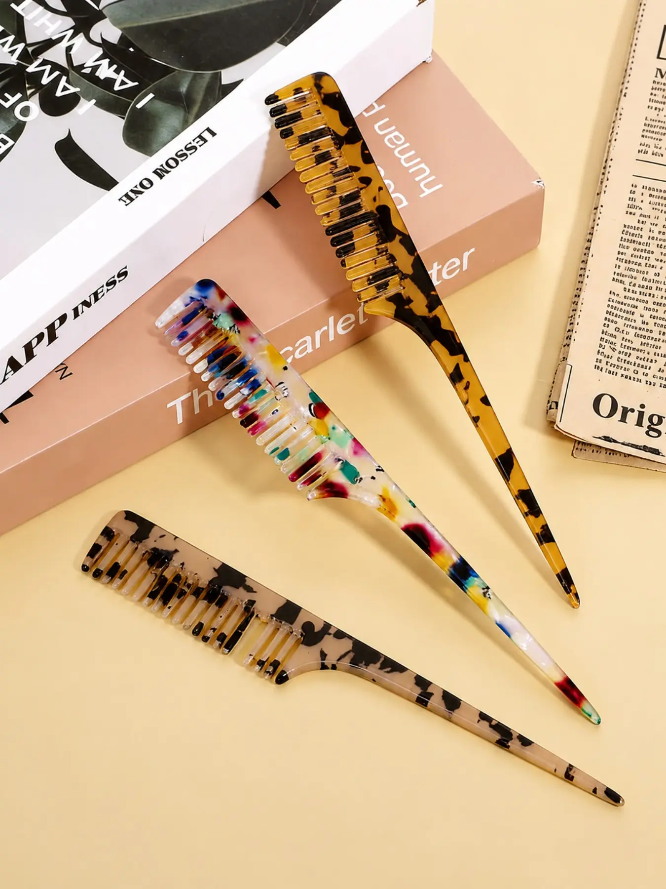 3pcs Women's Tail Comb Set, Fine-Tooth Sectioning Combs, Marble & Leopard Print Acetate, Anti-Static Detangling Hair Styling Tools Comb Design