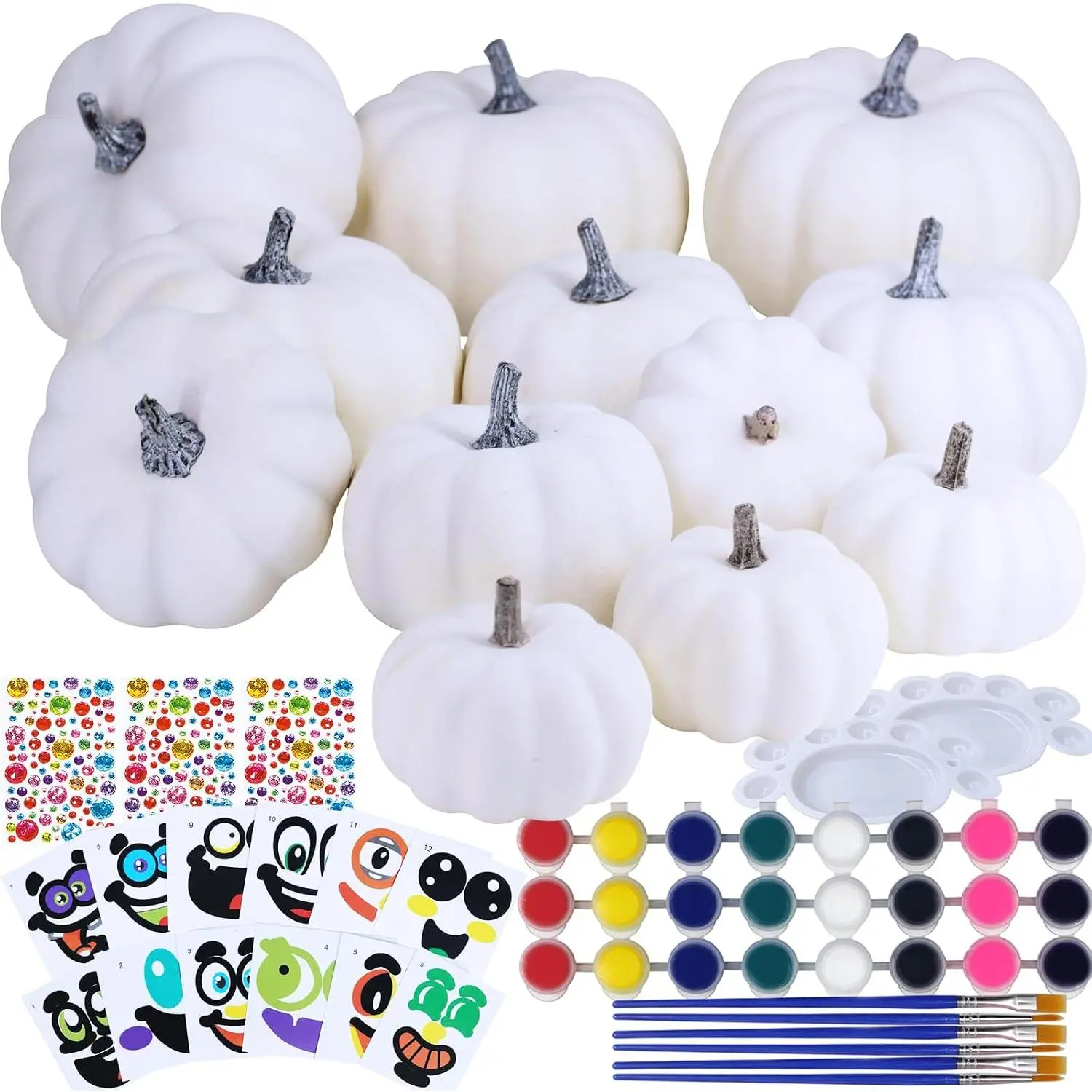 12 Sets DIY Fall Pumpkin Painting Kits - White Craft Pumpkins, Paint Brushes Set, DIY Kit for Classroom Crafting, Halloween Holiday Décor & Gifts