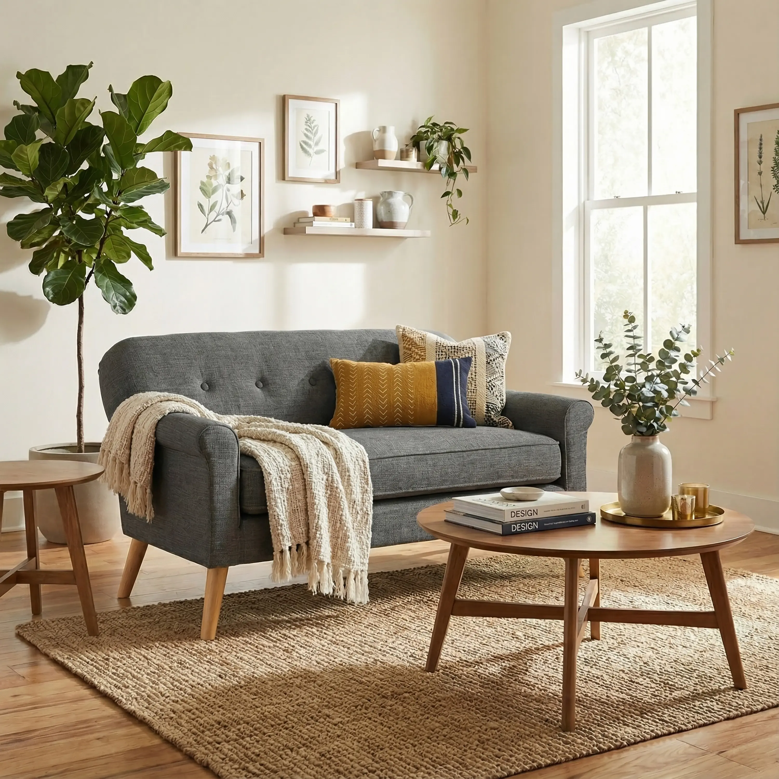 ARCH 2-Seat Mid-Century Modern Loveseat Sofa, Gray Fabric Upholstered with Rolled Arms, Button Tufting, Solid Wood Frame, Tapered Legs, for Living Room, Bedroom, 29.75 W x 50.75 D x (in), Two Seats