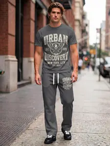 Men's Urban Discovery NYC Eagle Print 2-Piece Outfit, Micro-Elastic Comfort T-Shirt & Pants, Casual Streetwear for Adults, Daily & Urban Style