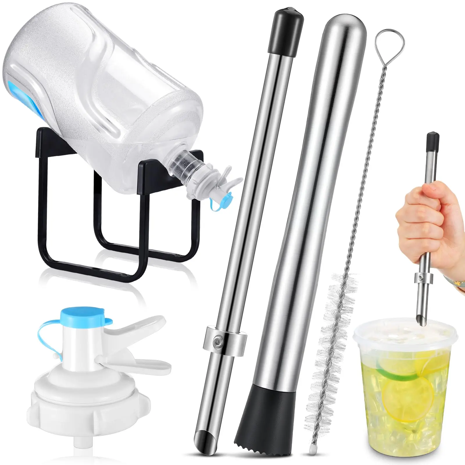 Stainless Steel Lemonade Stand Supplies, Kitchen Gadgets, Kitchen Tools, Includes 3-5 Gallon Water Jug Stand, Dispenser Valves, Straw Brush & Puncher, Muddler Included