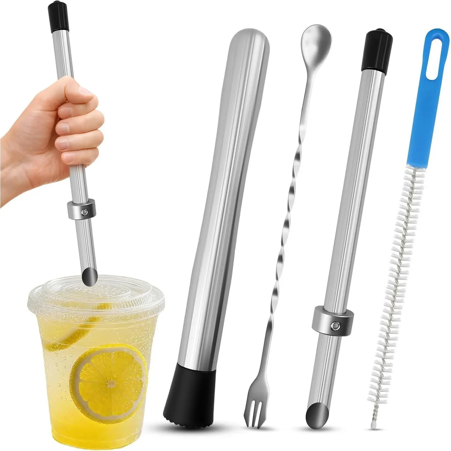 Lemonade Muddler Kit 4-in-1 Straw Hole Puncher for Plastic Lids Lemon Smasher Cocktail Bar Tool with Cleaning Brush Lemonade Supplies for Home & Party
