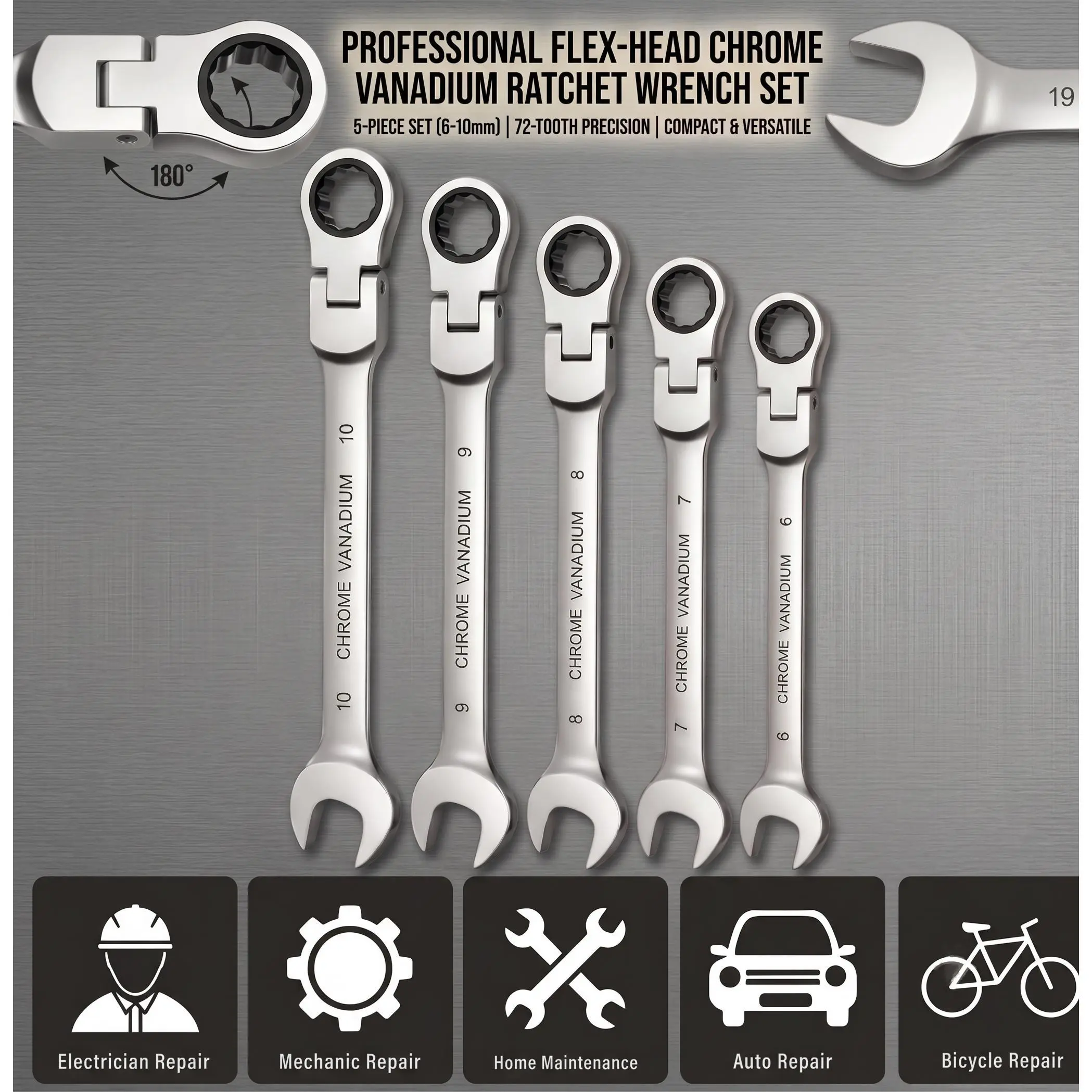 5pc Adjustable Ratchet Wrench Set - 6-10mm Metric, 72-Tooth Precision Gearing CR-V Steel, Matte Finish Multi-Function Spanner for Auto Repair, Home Maintenance (Ideal for Mechanic, Handyman; Father’s Day Gift)