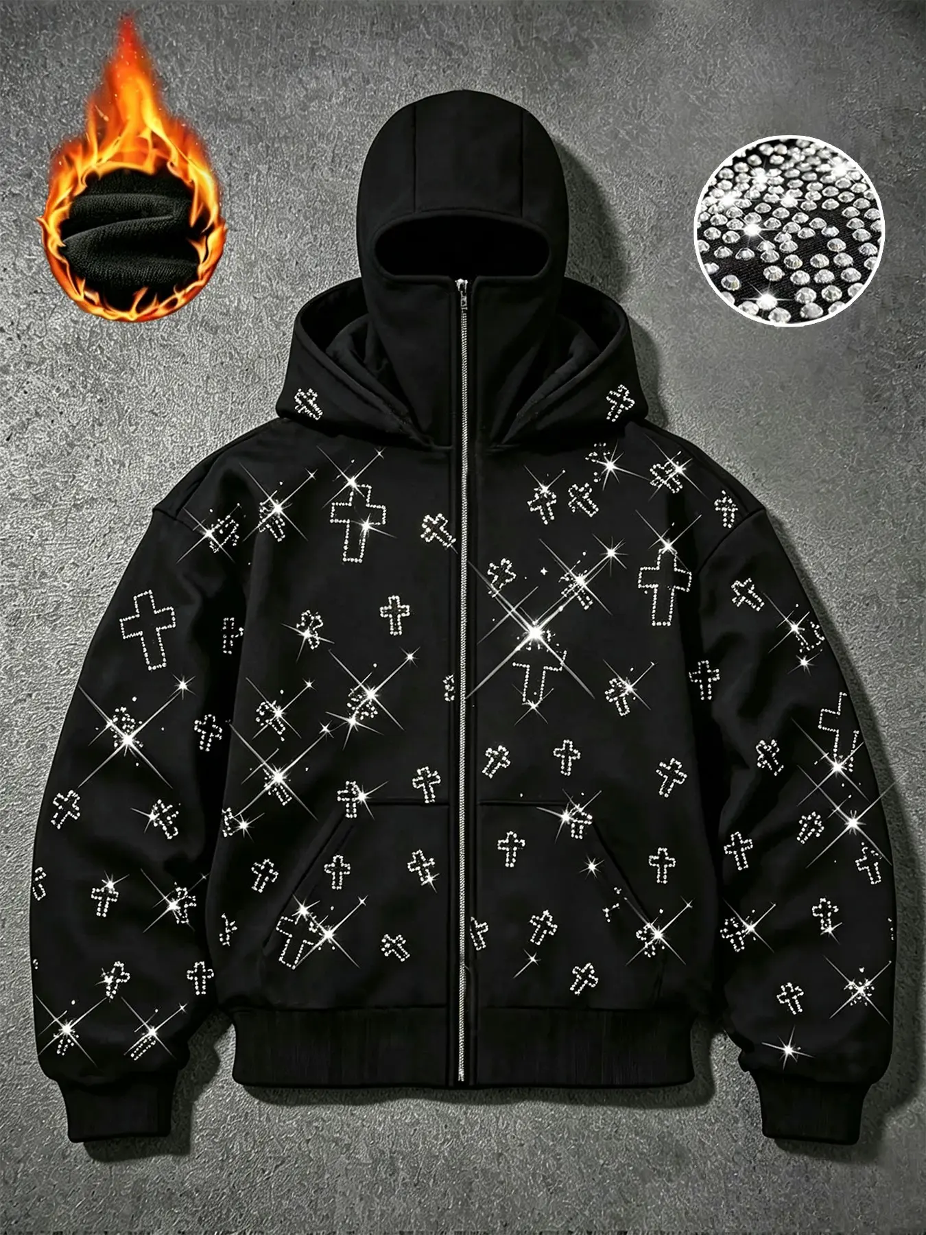 American High Street Full Rhinestone Cross Mask Hoodie, Winter Fleece Full Face Zipper Men's Hooded Sweatshirt, Stylish and Warm