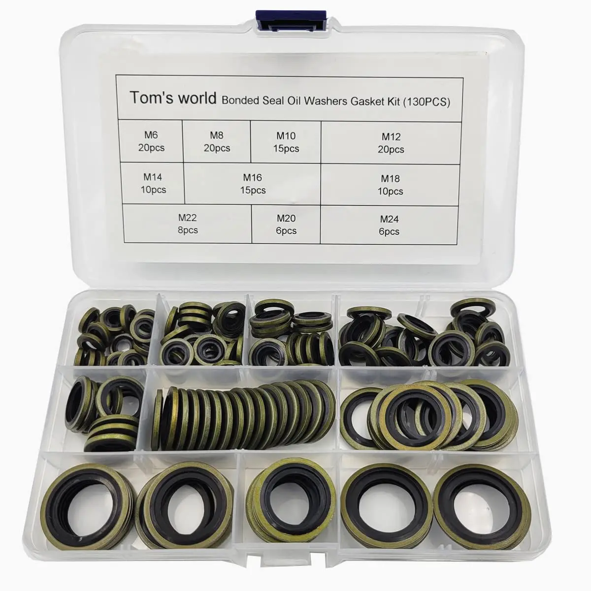 130-Count Self-Centered Bonded Seal Oil Washers Gasket Kit, Butadiene NBR Heat Resistant Metric Sizes (M6-M24) for Mechanic Tools, Plumbing, Automotive Repairs