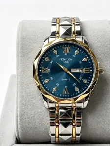 Unisex Elegant Exquisite Business Watch, Deep Blue Dial, Crystal Roman Numerals, Strap, Quartz Movement, Hardlex Glass, All Seasons