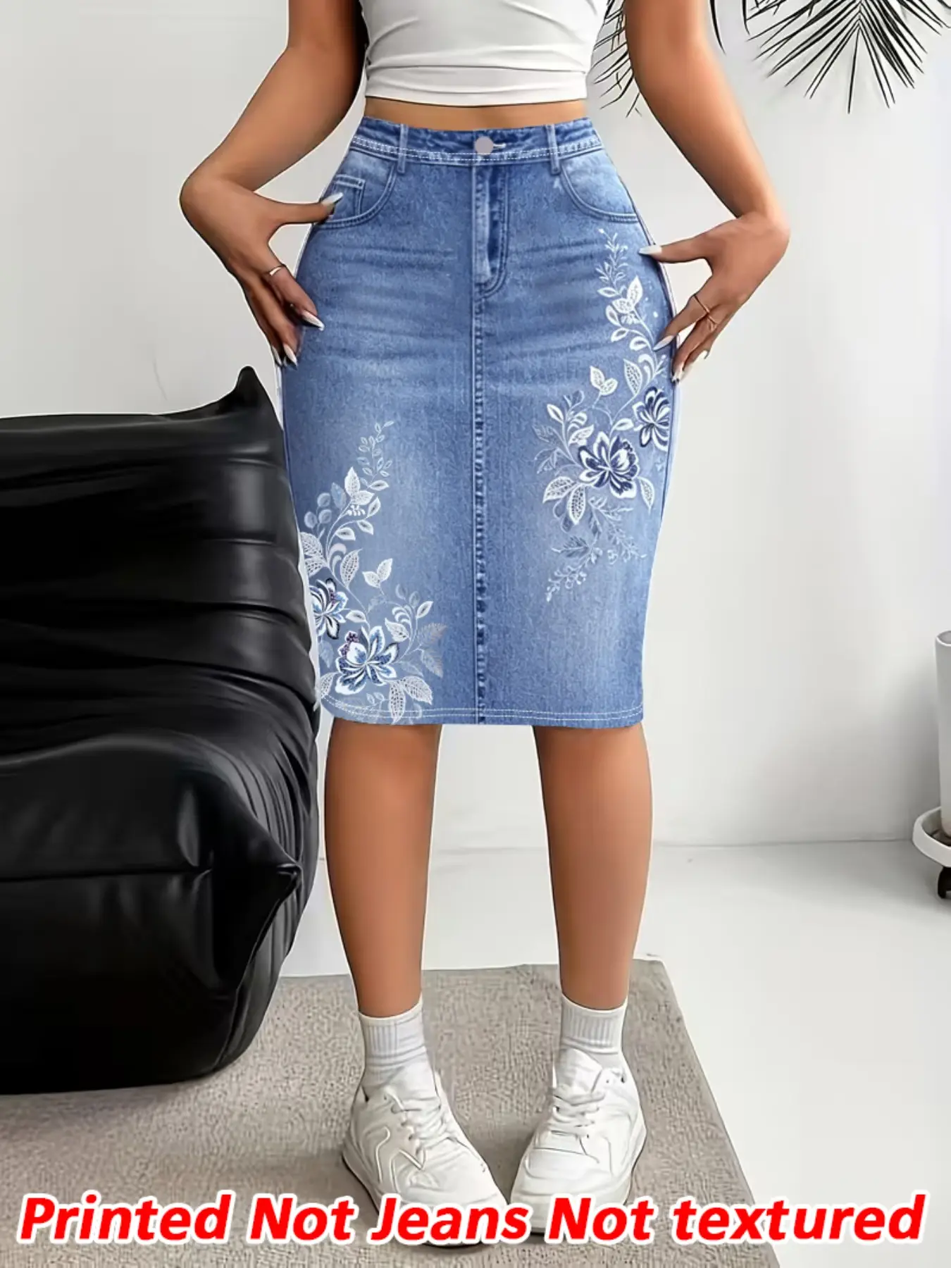 Women's Printed Pants, Non-Denim Blue Midi Skirt, Summer Skirt, Mid-Waist Casual Design, Stretchy Denim Print, Comfortable, Fashionable, Elegant & Chic, Daily Wear, Bottom, Casual Bodycon Skirt