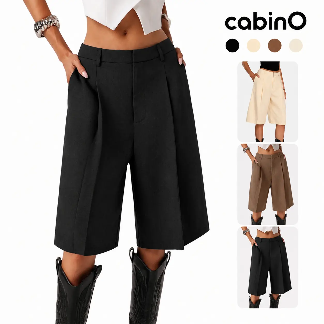 Cabino Women’s Black Bermuda Shorts, Low-Rise Pleated Wide-Leg Knee-Length Tailored Shorts with Belt Loops and Side Pockets for Office, Business Casual, Commute and Daily Wear