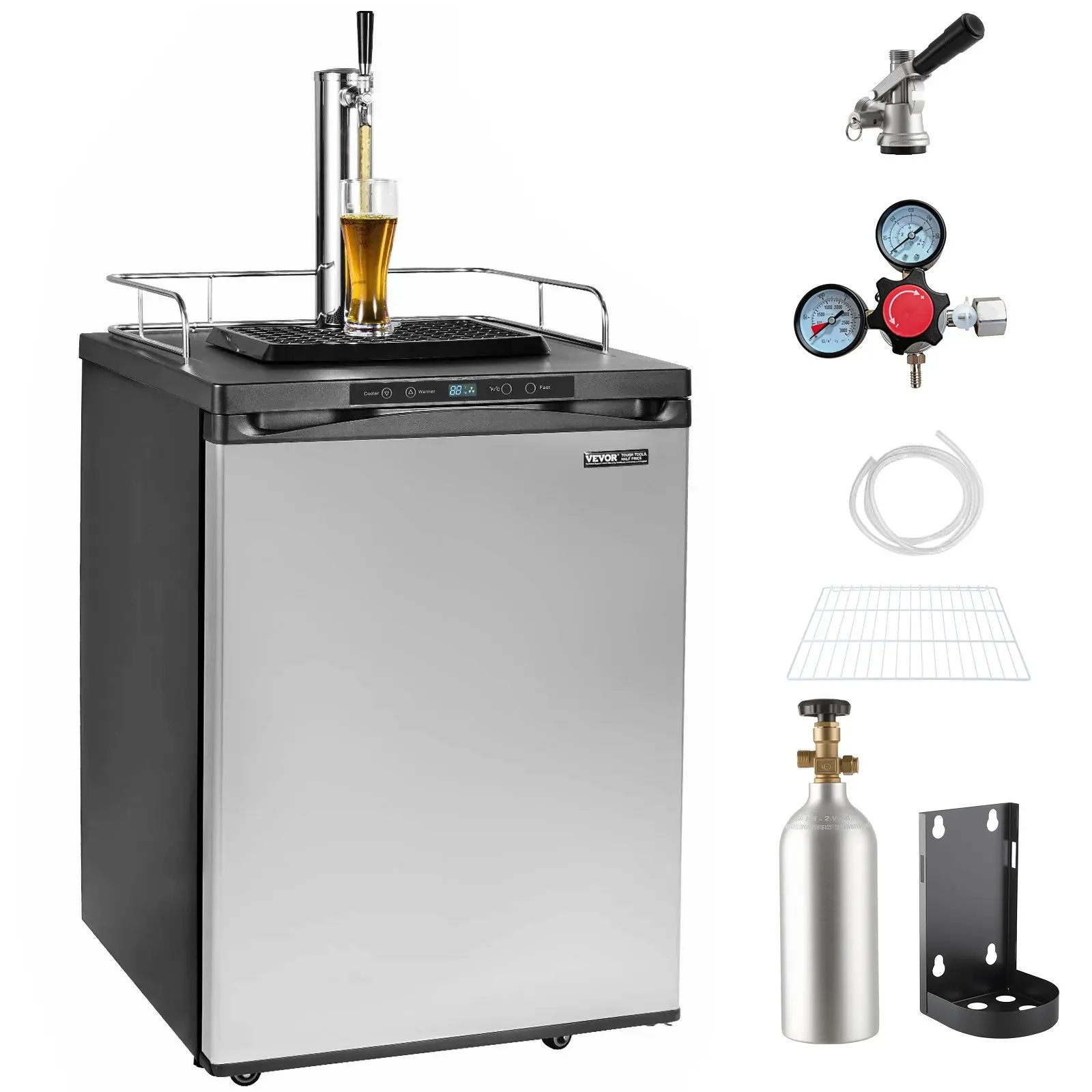 VEVOR Silver Full Size Compressor-Cooling Beer Kegerator for Restaurants, Single Tap Draft Beer Dispenser, 162L Refrigerator with Shelf, CO2 Tank (No Gas), Drip Tray Rail, Glass Hose Clamp, 23F-82.4F Temperature Control