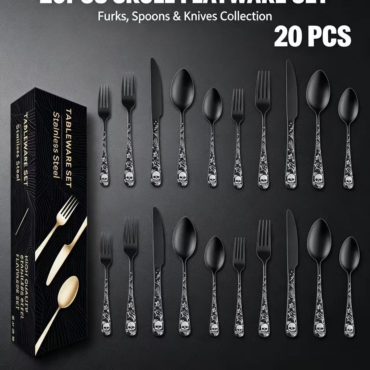 Dark Skull Pattern Stainless Steel Western Cutlery Set, Steel Tableware, Unique Handle Forks Knives Spoons, Home Party Dining Utensils, 5-50 Pieces