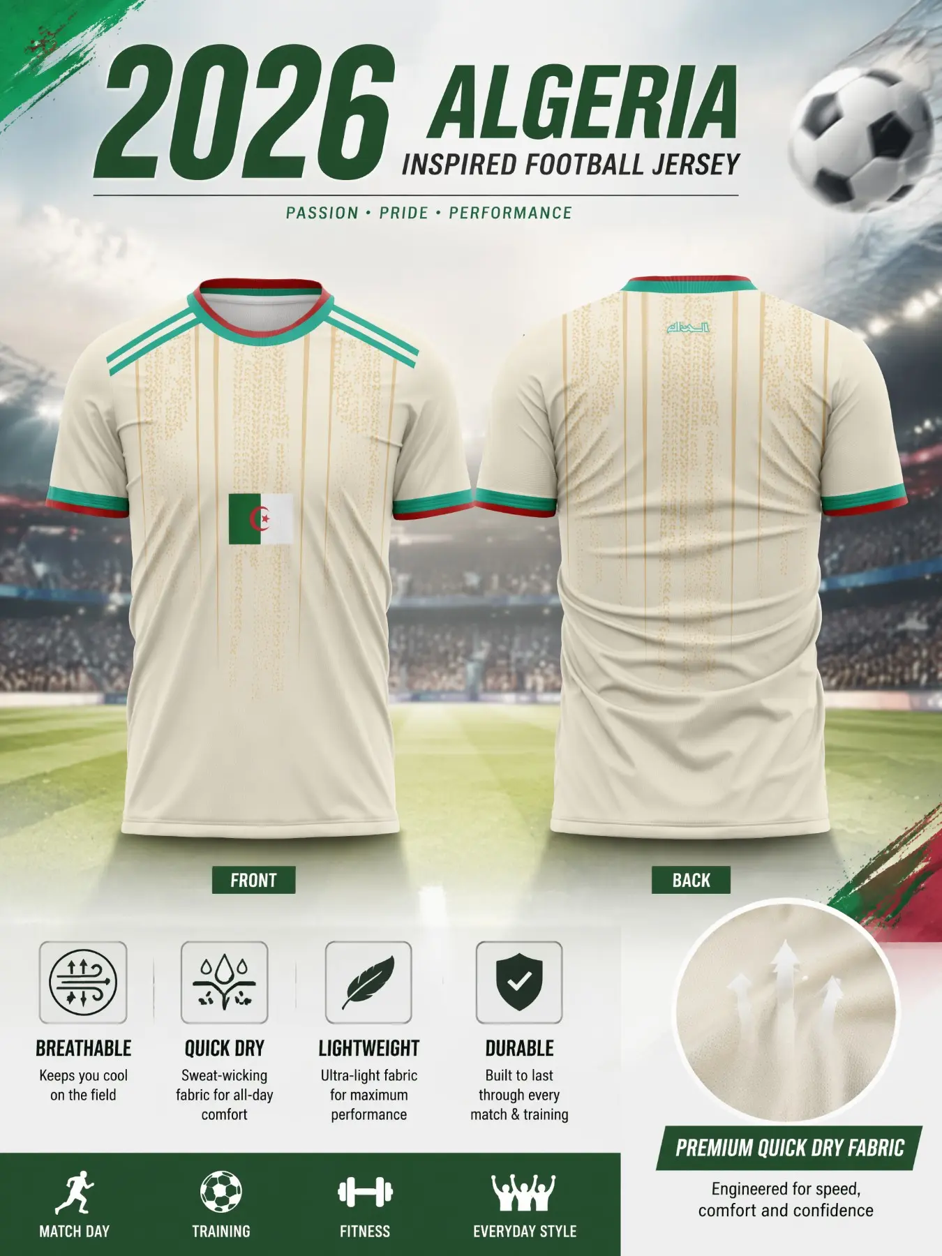 2026 Algeria Soccer Jersey, Football Jersey, Lightweight Performance T-Shirt, Breathable Mesh Material, All-Over Print, Outdoor Sports, Soccer Training Jersey