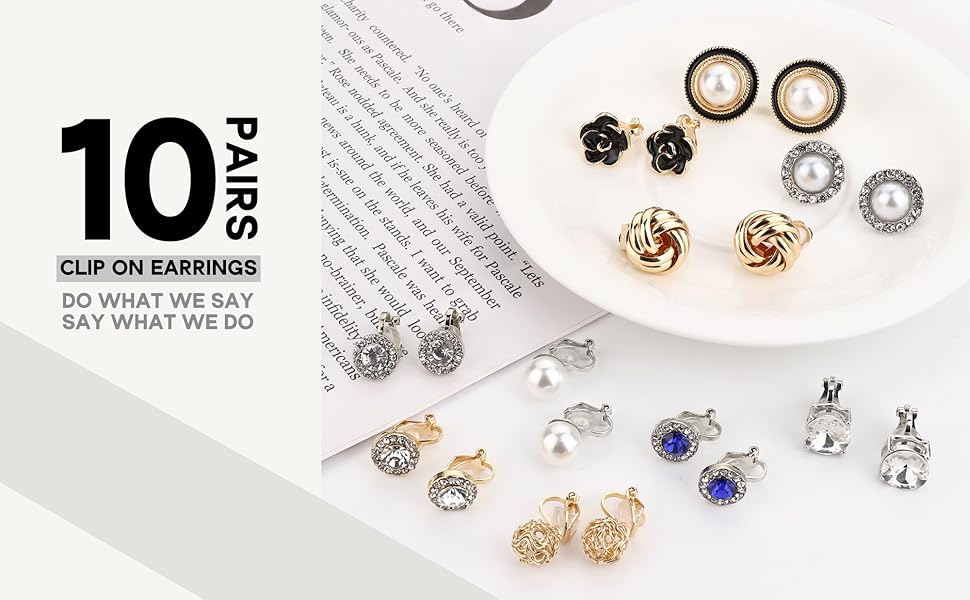 FIBO 10 Pairs Elegant Ear Clips for Women Clip on Earrings CZ Flower Simulated Freshwater Pearl Twist Knot Clip Earrings Sets