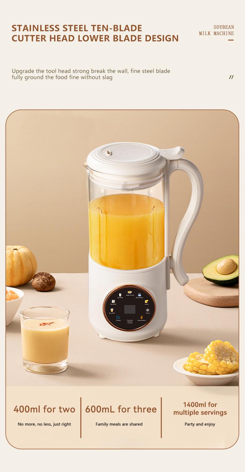 A breakfast essential for early risers! Stainless steel blades — 47.34 oz nut, milk, soy, and oat grinder; built-in heating baby food warmer; delayed start safety features; multifunctional blender for juice and almonds, no batteries required.