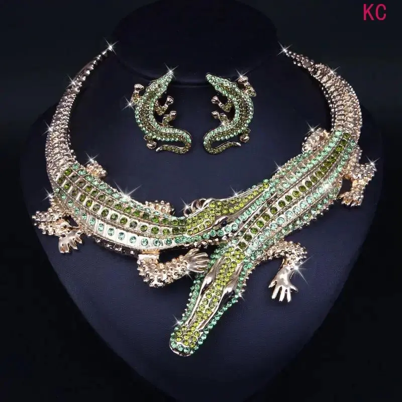 2 Pcs Handmade Vintage Crocodile Jewelry Set, Bohemian Safari Style Necklace And Earrings Matching Accessories For Women Daily Occasion Styling