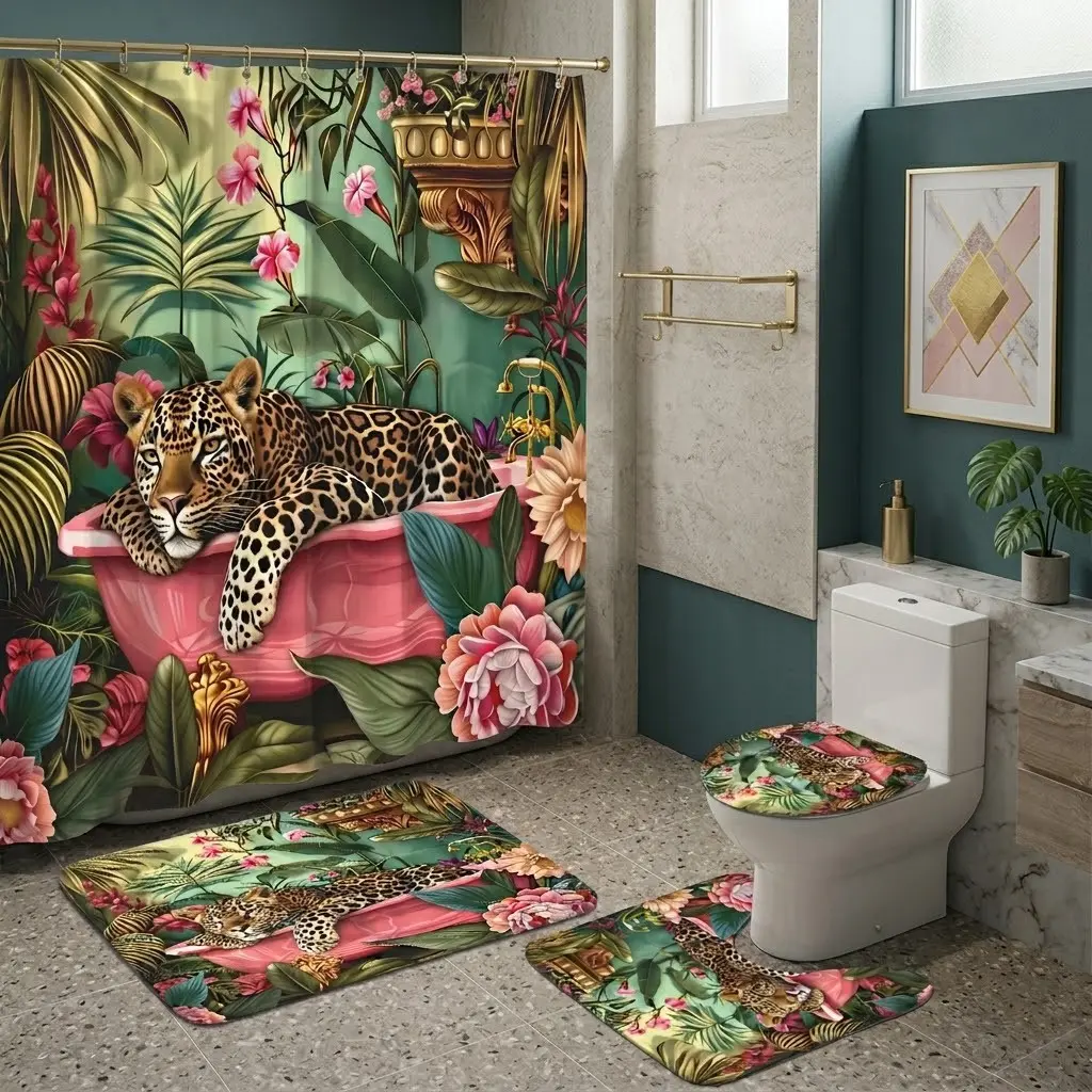 4pcs Tropical Jungle Leopard Bathroom Decor and Accessories Set, Vintage Shower Curtain, Toilet Seat Cover, Bath Mats, Nature-Inspired Oasis