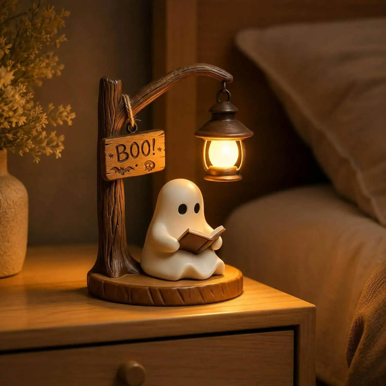 Halloween Ghost Reading Lamp, Cute Ghost Night Light with Book, 3D Resin Desktop Statue, Bedroom, Shelf, Desk, Ghost Gift, Night Light