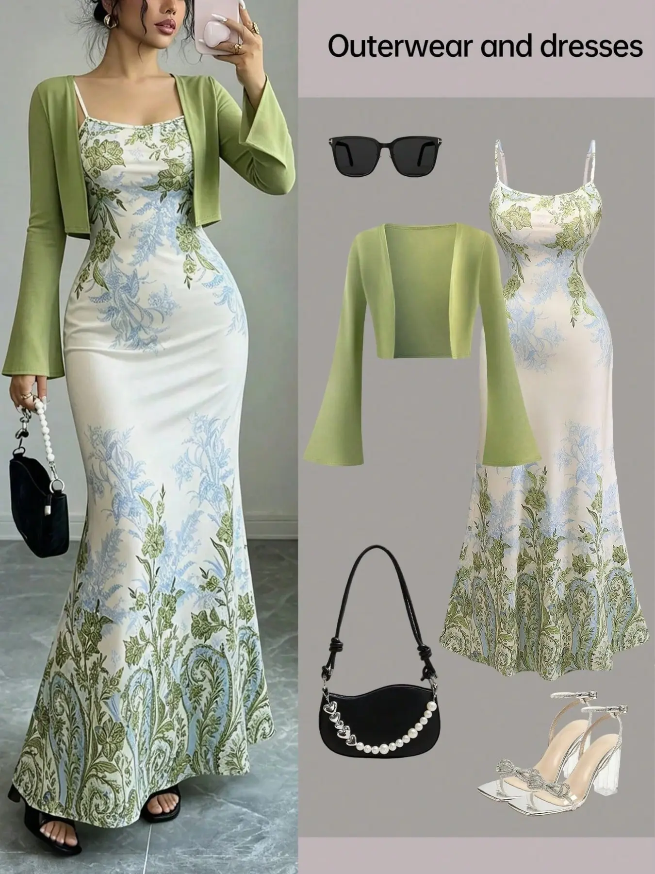Elegant Women's Solid Color Bell Sleeve Knit Cardigan + Slim Fit Floral Dress, Two-Piece Set, Stylish for Everyday Wear