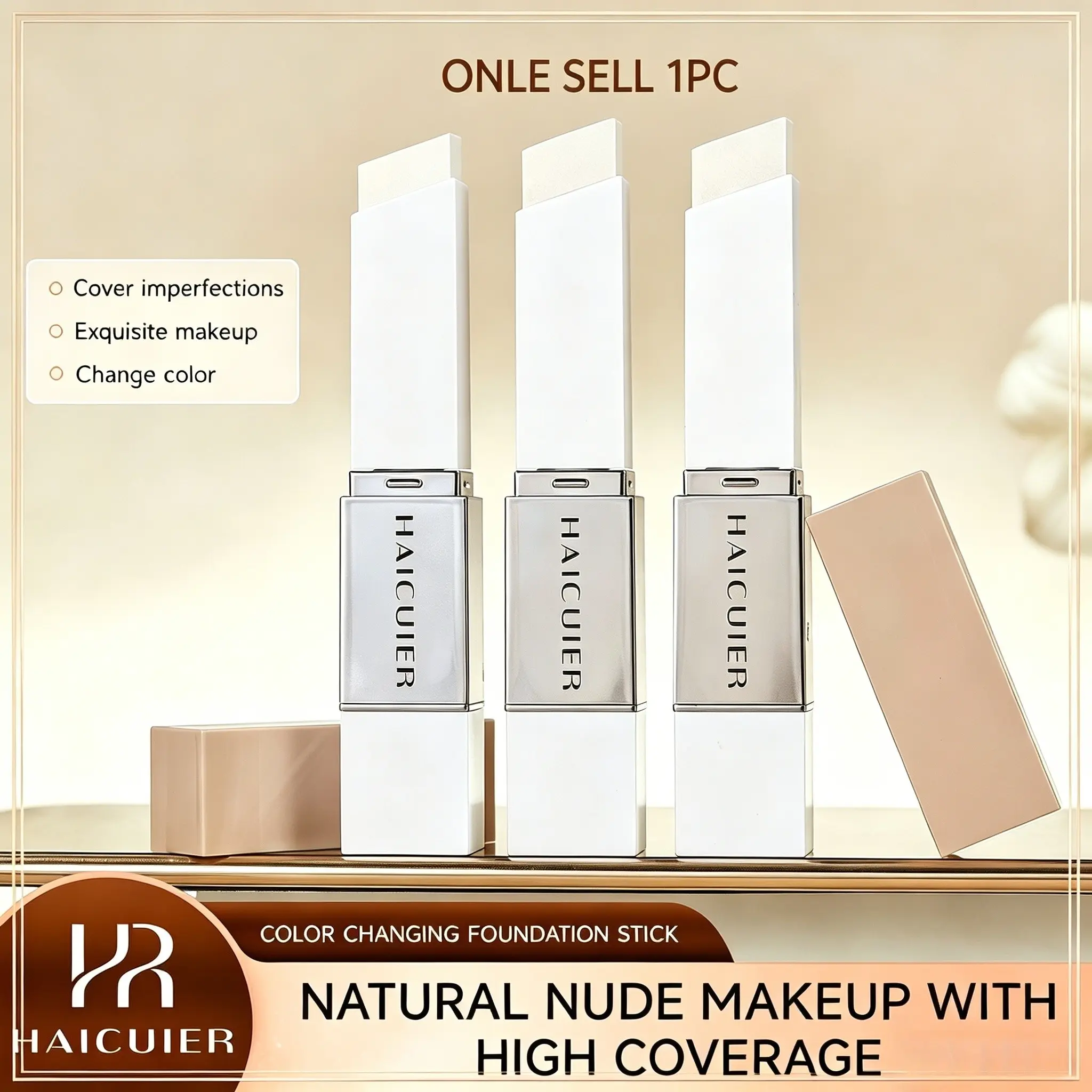 Two-In-One Color Changing Tinted Foundation Stick Concealer Cosmetic with Brush Head, Lightweight Hydrating Flawless Coverage Formula, Natural Makeup, No Powder Needed