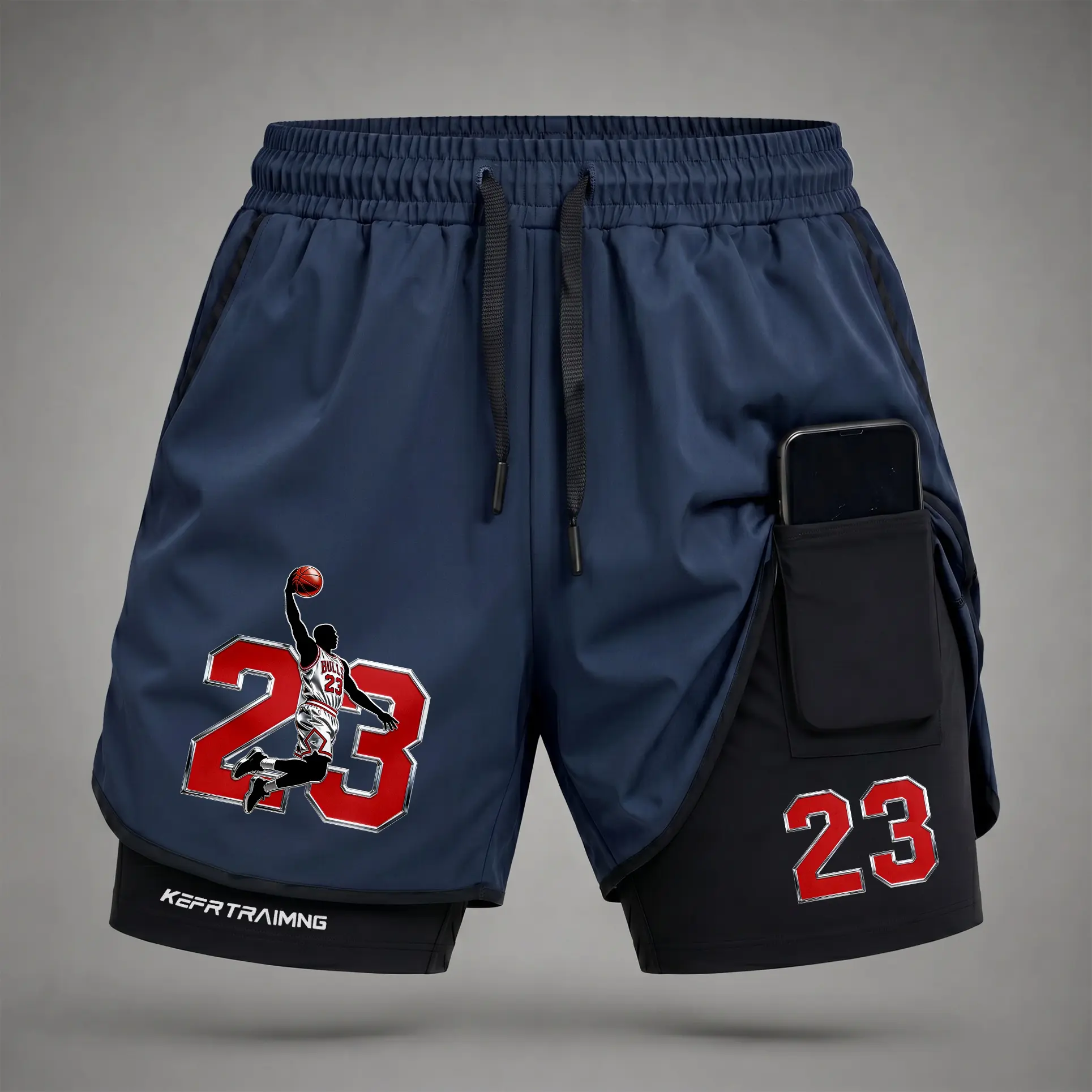 Men’s Basketball Player Graphic Print 2-in-1 Athletic Shorts, Built-in Compression Liner, Secure Inner Phone Pocket, Elastic Drawstring Waist, Quick-Dry Gym Running Training Shorts for Summer Daily Wear