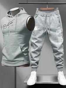 Men's Fashion Hooded Vest Long Pants Set, Boston City Memorial Vintage Sport Style, Simple Letter Print Slim Fit, Trendy Men's Gift Choice