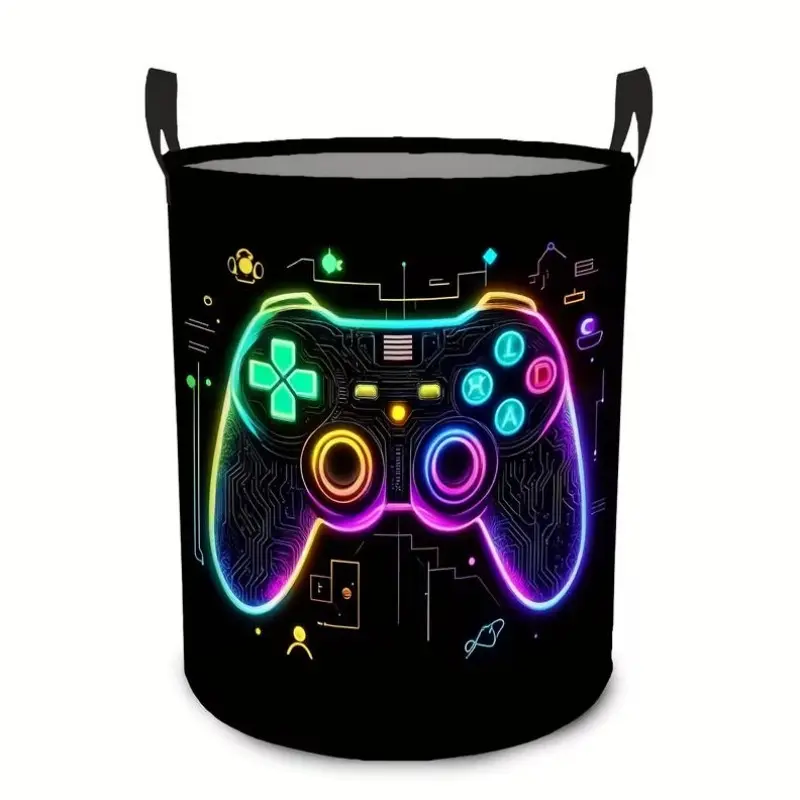 1pc Neon Gaming Hamper Basket - Foldable Laundry Organizer with Space Design, Collapsible Clothes Bin for Gamers, Dorm, Living Room - Sturdy Polyester Storage Bin with Handles for Bathroom, Closet, Gaming Setup -Durable Fabric, Laundry Baskets