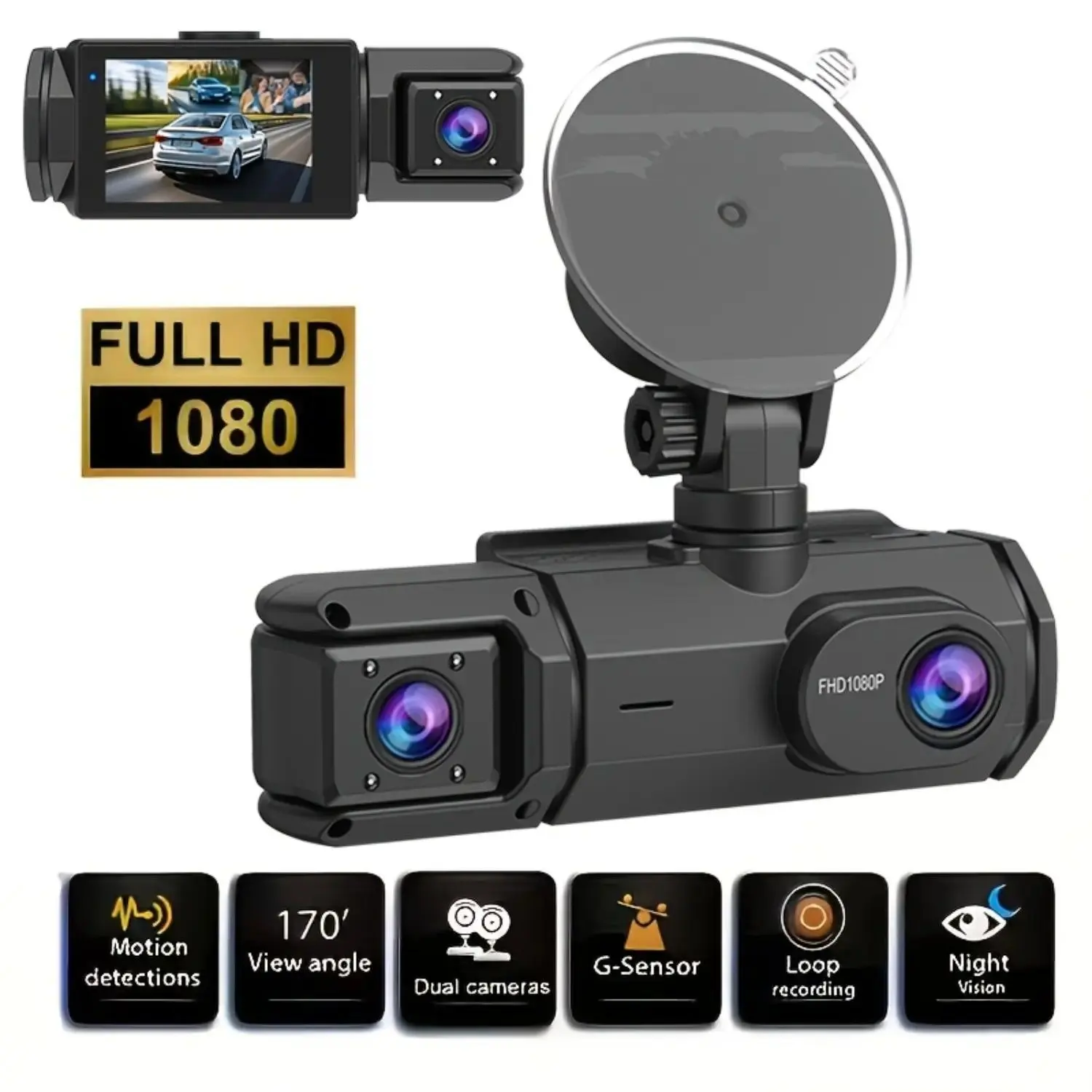 1080P Front and Rear Dual Car Dash Cam DVR Recorder - Compact, 170-Degree Wide Angle, IPS Screen, Night Vision Assist, G-Sensor, Loop Recording