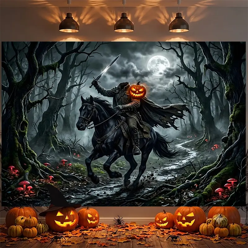 Headless Horseman Pumpkin Head Dark Forest Halloween Backdrop, Photography Background, Party Backdrop, Photo Booth Background, Studio Backdrop, Video Background, Haunted House Backdrop, perfect for creating spooky immersive scenes, ideal for Halloween par