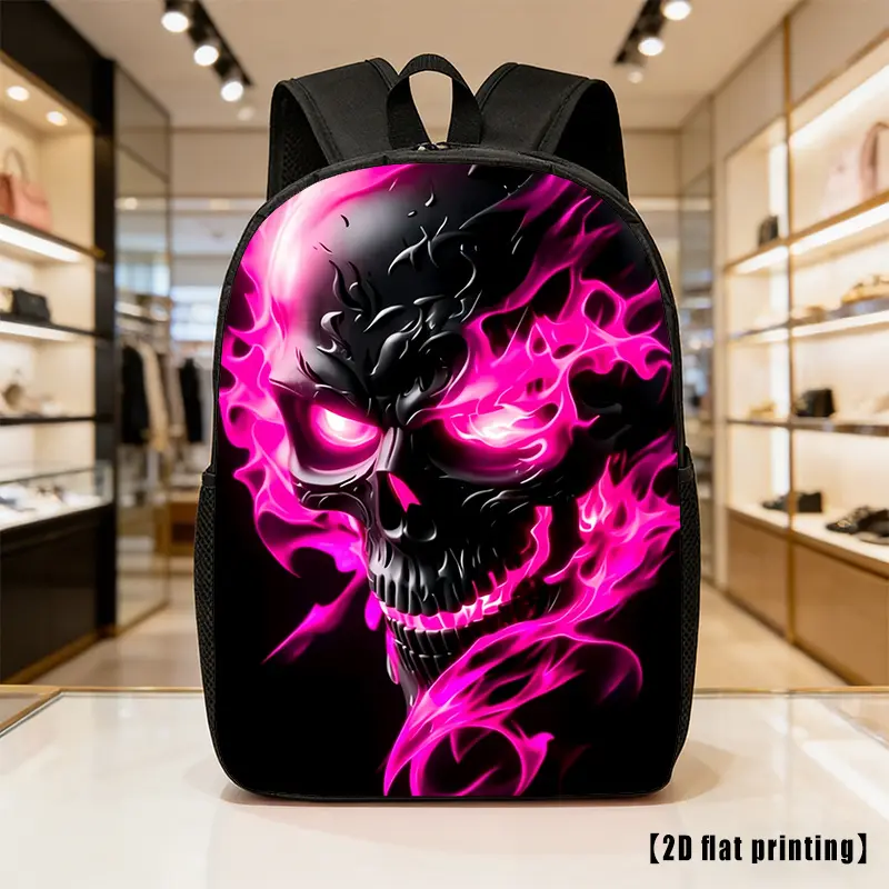 A Lightweight, Spacious Unisex Backpack Featuring a Pink Flame Skull Design, Equipped with Adjustable Shoulder Straps And Side Pockets.Perfect for Everyday Use, Commuting, And Various Activities.Great for Hiking, Climbing, And Adventures