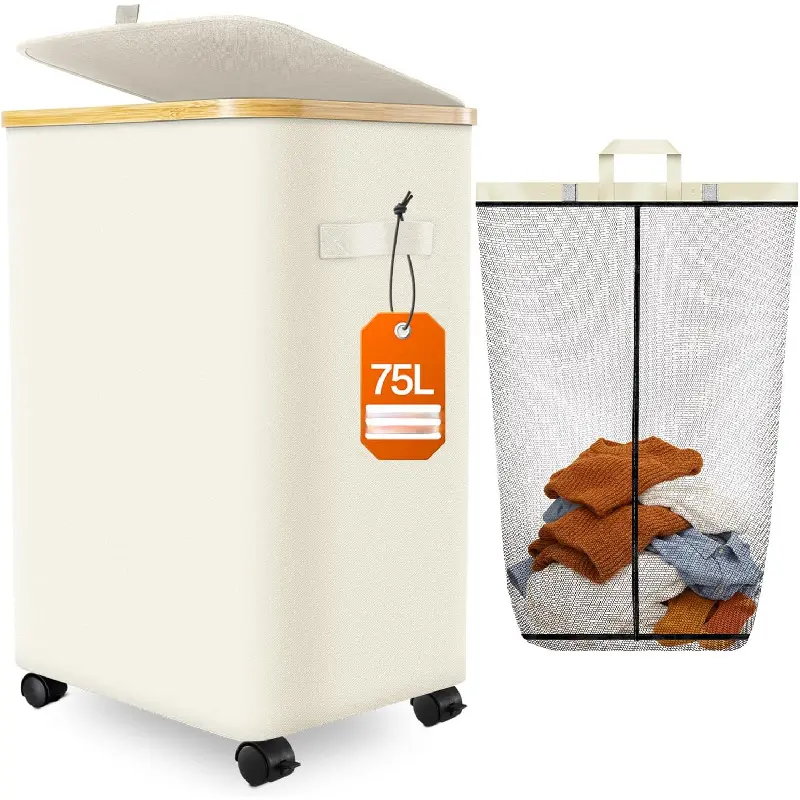 75L Large Rolling Laundry Hamper with Smooth Wheels & Detachable Washable Inner Bag, Collapsible Dirty Clothes Storage Basket with Carry Handles, Space Saving Rolling Bin for Bedroom Bathroom Laundry Room Dorm Household Clothes Sorting Storage