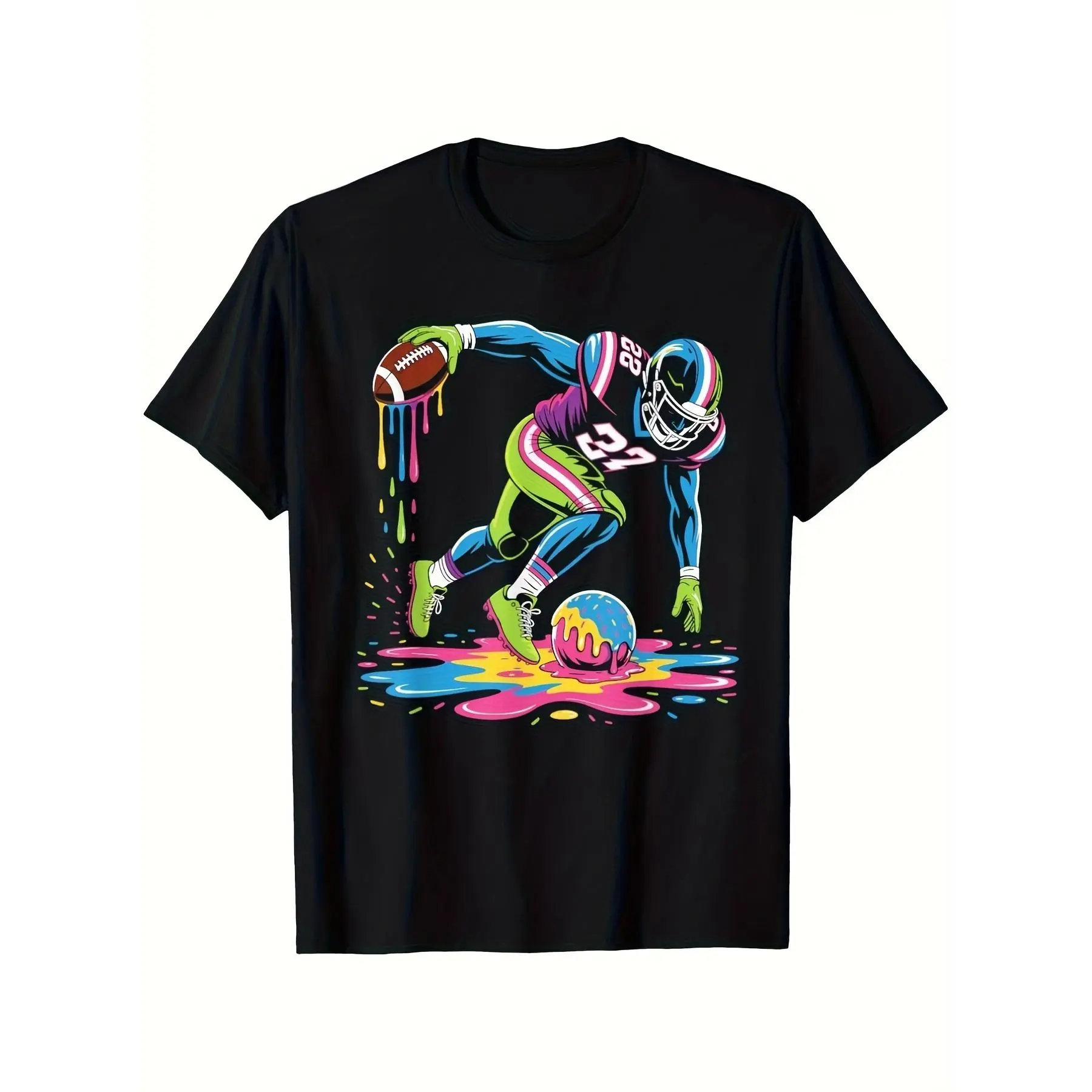 Women's Football Drip Art Print T-Shirt - Polyester-Cotton Blend, Colorful Player Design, Round Neck, Short Sleeve, Simple Stylish Casual Wear, Sports Lover Gift, Top, Tshirt