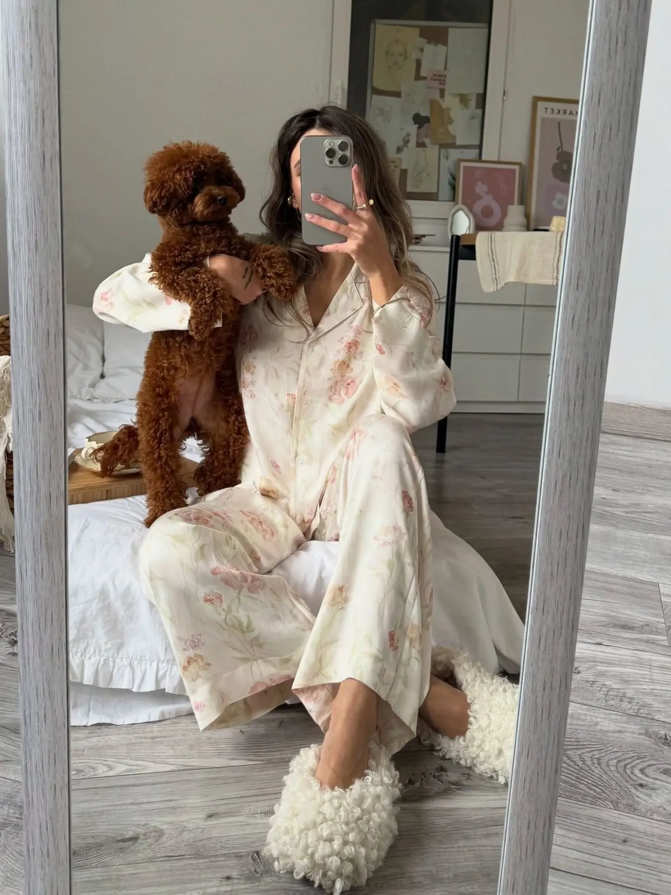 Soft Floral Print Ice Silk Satin Long Sleeve Pajama Set, Comfortable Sleepwear for Women, Elegant Nightgown Ensemble, Cozy Loungewear