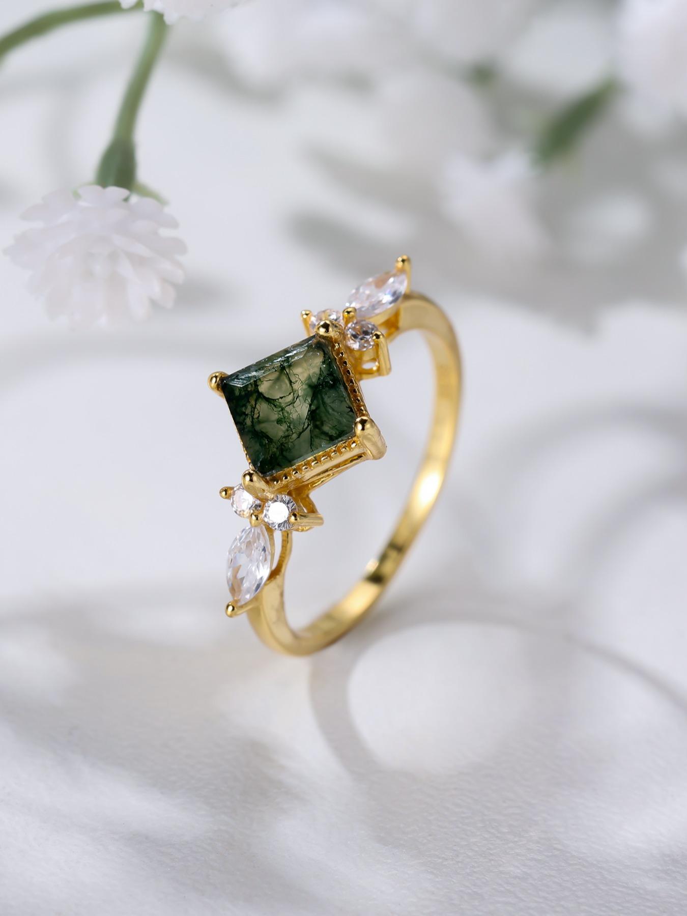 S925 Sterling Silver Elegant Square Shaped Green Moss Agate Decorated Ring, Exquisite Trendy Ring, Fashionable Jewelry Accessories for Women & Girls, Elegant Fashion Rings