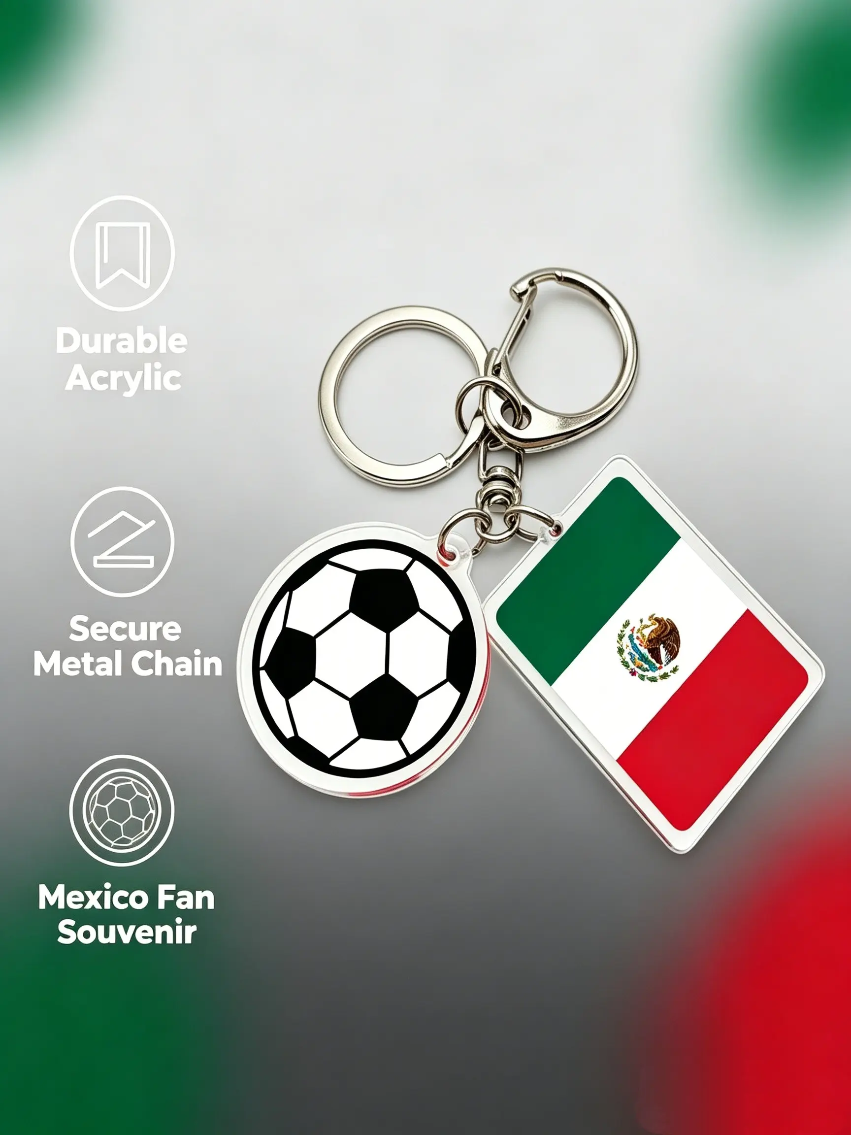 Mexico Flag Soccer Keychain Set, Acrylic HD Print Key Ring, Fits Car Keys, Bags, Fashion Accessory for Fans and Athletes, Cool Keychains