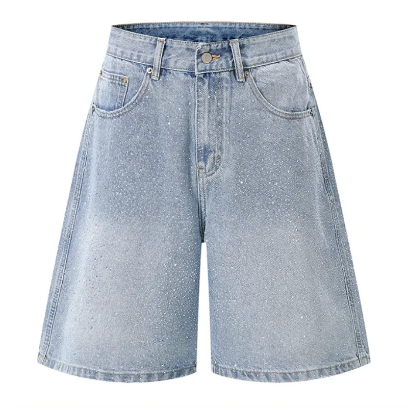 Men's All-over Sparkling Rhinestone Washed Denim Five-Inch Shorts, Soft Gradient Faded Treatment, Classic Five-Pocket Denim Silhouette, Skin-friendly Soft Denim Fabric, Sleek Straight Cut Trendy Casual Mid Shorts # SummerWins # fathersdaygift