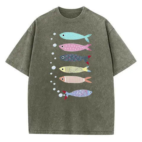 Women's Holafish Cartoon Striped Fish Print Acid Wash Oversize Round Neck Short Sleeve Tshirt - Lady's Casual Loose-Fit Top, Ocean Style, Letter Graphic, Everyday Wear, Streetwear, Machine Washable, Comfortable, Back To School