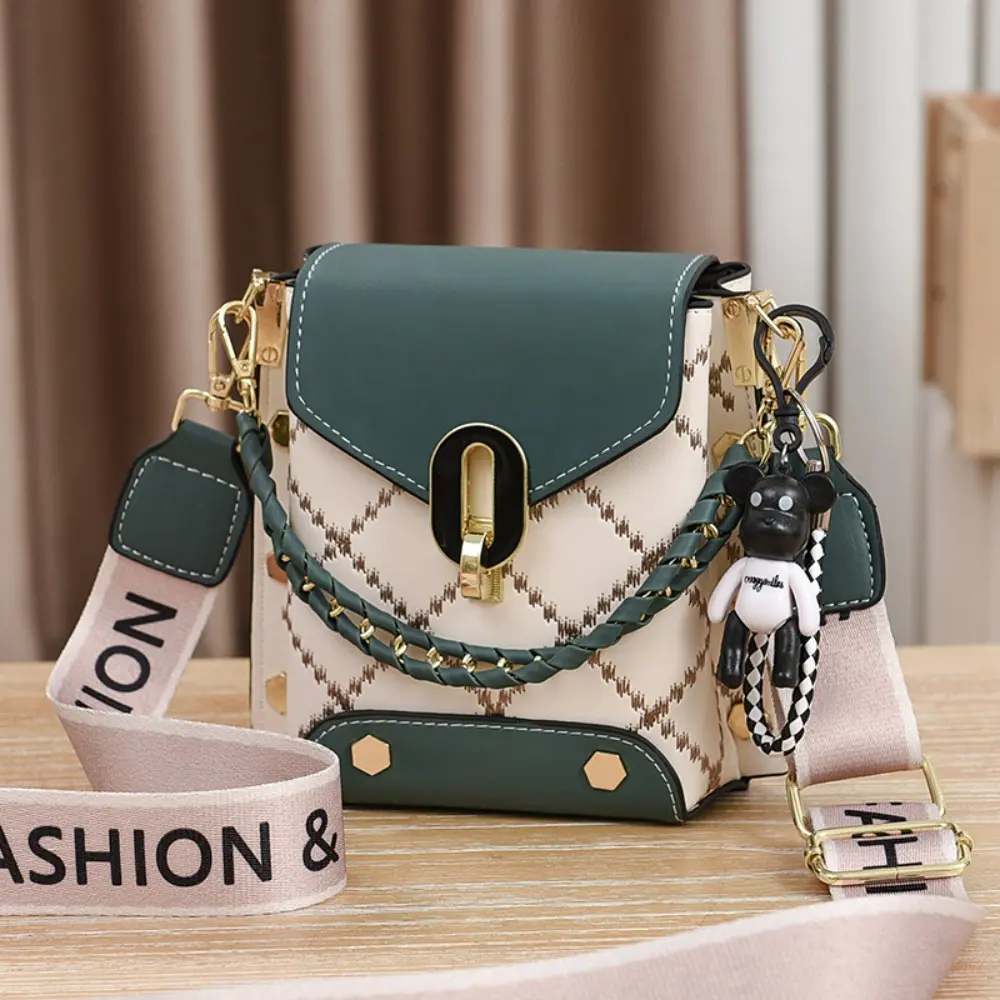 Women's Cute Elegant Colorblock Quilted Faux Leather Vertical Mini Crossbody Shoulder Handbag - Adjustable Braided Chain Wide Strap Crossbody Zipper Purse with Bear Charm, Waterproof Plaid, Hangable High-Capacity for Daily Dating