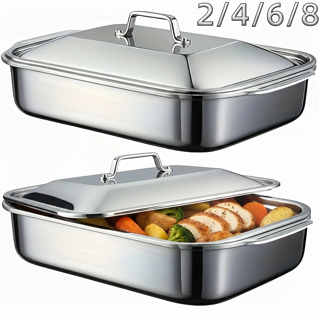 1/2/4Pcs Extra Large Thickened Stainless Steel Fish Baking Pan With Lid, Bakeware, Rectangular Non-stick Oven Tray, Wide Design Serving Platter for Desserts Bread Seafood, Ideal for Barbecue Buffet, Perfect Christmas Gift