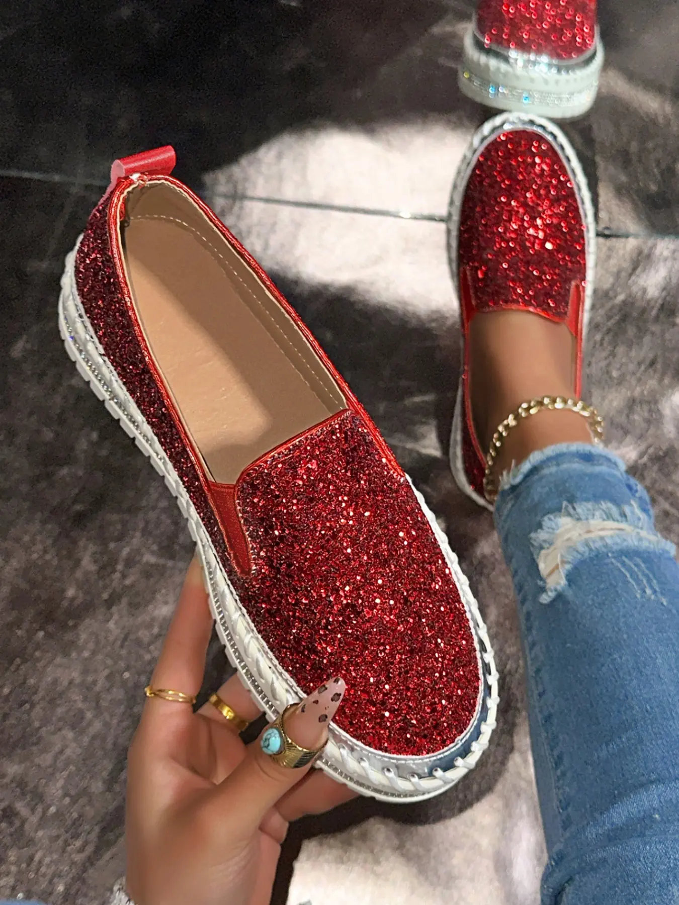 Women's Elegant Casual Trendy Shoes, Rhinestone Sequin Design, Shiny Finish, Perfect for Parties and Weddings, Bridesmaid Shoe Style