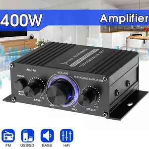 amplificador de audio  AK170 Mini Digital Power Audio Car Amplifier Blue Light Stereo Audio Amplifier for Home Theater Club Party Music 200Wx2 Power